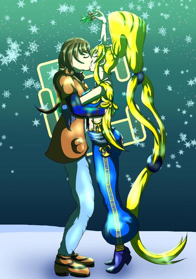 Raoul (Azura-Mermaid-Arts' Original Character) and Claudia (my Original Character) kissing under a mistletoe that is being held up by Claudia.