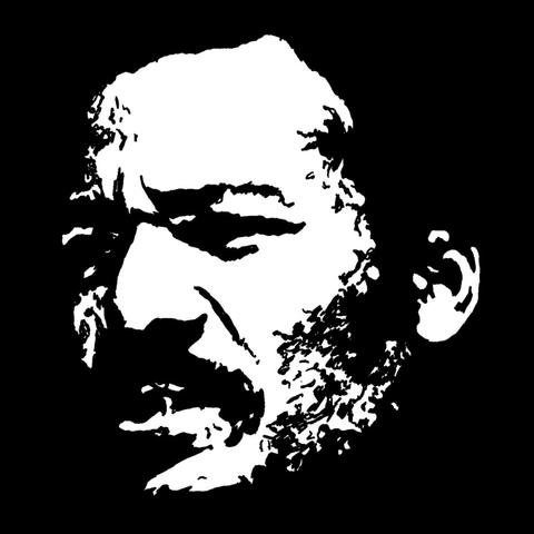 Pen drawing of Jim Brown’s determined-looking face drawn on a black background.