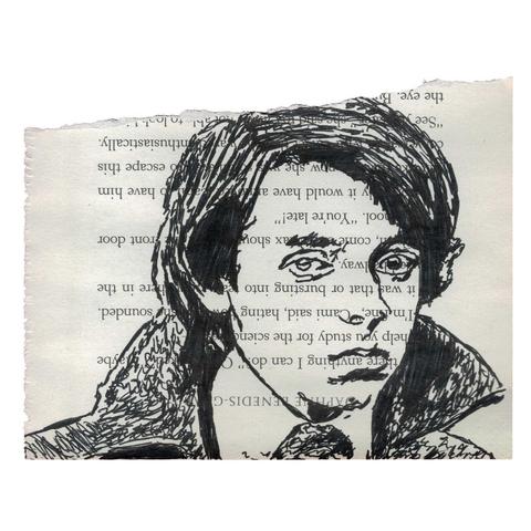 Pen drawing of a young Bud Cort wearing a formal jacket and looking nervous drawn on a torn book page.