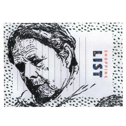 Pen drawing of an older Ruth Gordon smiling and wearing a fur coat drawn on a shopping list.