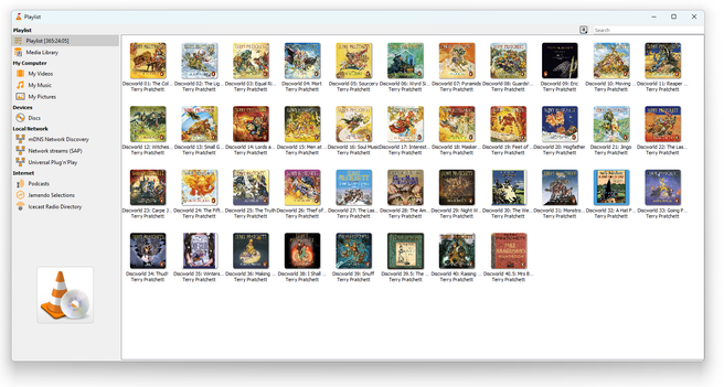 Screenshot of VideoLAN player playlist window showing 42 covers of audiobooks