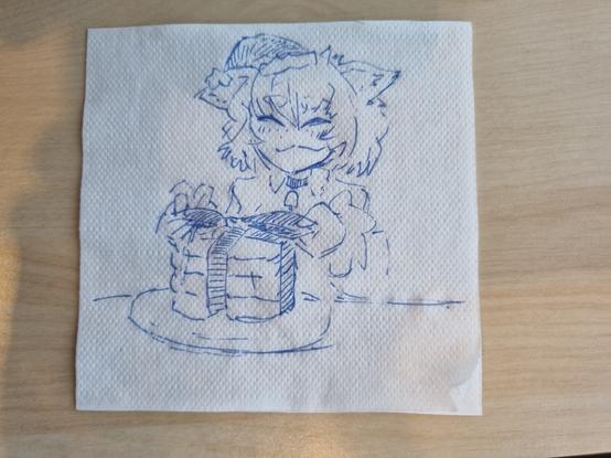 Napkin doodle of cat person wrapping up a plate of pancakes