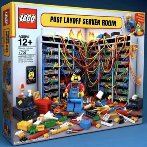Picture of a Lego box for a set titled "Post layoff server room" depicting a wall rack on fire with a mess of wires and a worker experiencing rage.