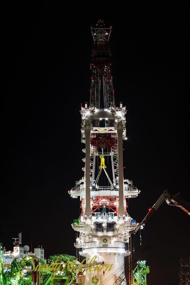 Portrait close-up of the entire crane at night.