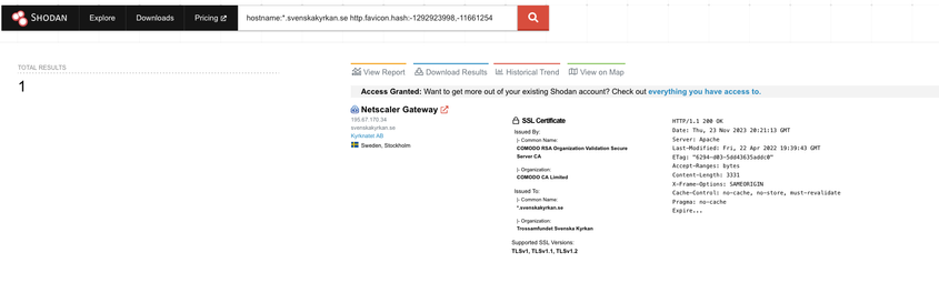 Shodan search result for hostname:*.svenskakyrkan.se http.favicon.hash:-1292923998,-1166125415 showing one match(195.67.170.34) running Netscalar Gateway