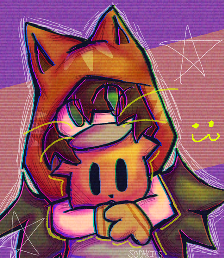 rendered art of gin ibushi from YTTD

he wears an orange hood with cat ears  and grey bat wings
he is holding his mew-chan cushion, which is a round orange cushion with cat ears and black eyes and a small mouth
yellow cat whiskers are drawn near gin's face, and there is a :3 next to him