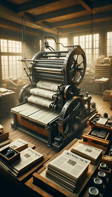 Here is the image illustrating newsletters being printed on a retro printing press. The scene captures the ambiance of an old-fashioned print shop with a vintage printing press actively printing newsletters.