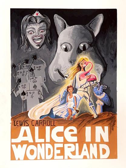 Gouache Painting on 15x20" illustration board. Book cover for Alice in Wonderland by Lewis Carrol in the style of the 1977 Star Wars poster.
Background is black and white with the Queen of hearts who looks like a mecha drag queen, an unsettling smiling Cheshire cat who’s head is shaped like Darth Vador’s helmet.
The foreground includes Alice, prominent, holding a flamingo. The duchess holding an umbrella and a bottle and looking like princess Leia, and the caterpillar smoking a hooka.