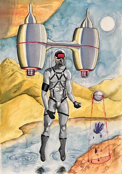Watercolor and Gouache on 15x20 watercolor paper.
Sci Fi scene of a muscular man being carried around by a futuristic jet pack harvesting a crystal with some sort of orb. The man is also nly wearing a harness, boots, gloves and a gas mask.
The background is a dry landscape with a river snaking through it and a sun and planet are covering most of the sky.