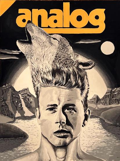 Gouache on 15x20" illustration board.
In the style of a magazine cover: black and white portrait of James Dean and a howling wolf which blends in with his hair in front of a dramatic mountainous landscape.
Two moons are shining in the background and "Analog" reads as the title in bold.