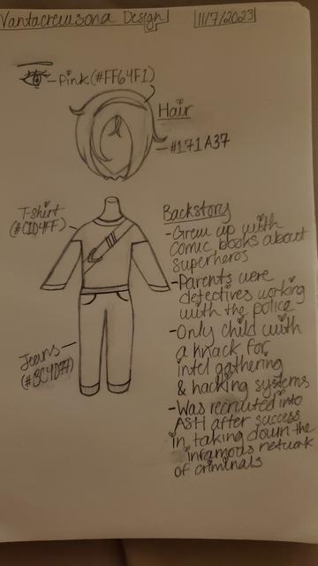 A photograph of Myrtle Sapphire Midnight's reference sheet drawn with a mechanical pencil inside of Aiyoku's personal sketchbook. Her eyes, hair, and casual outfit are displayed on the left side of the paper with bullet point notes about her backstory on the right. The date near the top right reads "11/7/2023" with "Vantacrewsona Design" opposite of it.