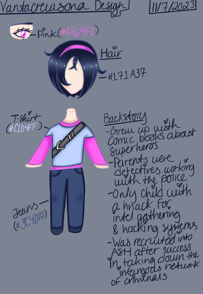 An image of Myrtle Sapphire Midnight's reference sheet colorized with digital ink. Her eyes, hair, and casual outfit are displayed on the left side of the paper with bullet point notes about her backstory on the right. The date near the top right reads "11/7/2023" with "Vantacrewsona Design" opposite of it.
