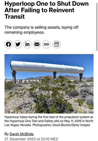 Screen shot of a news headline about Musks "Hyperloop" company failing & shutting down.