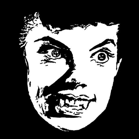 Pen drawing of a vampire woman smiling with fangs drawn on a black background.
