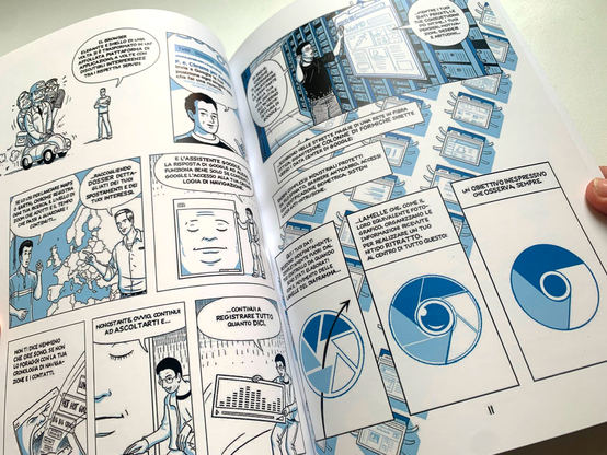 A look inside the comic, showing pages 10 and 11 of my webcomic "Contra Chrome". In one of the more visual sequences, the Chrome browser's logo is compared to a photographic lens taking a picture of your personality - "expressionless and ever-watching."
