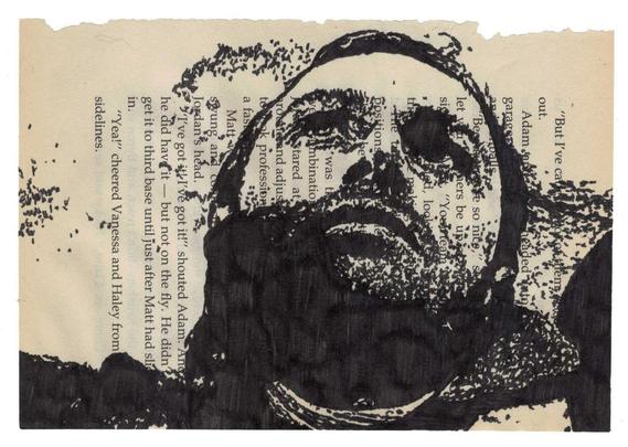 Pen drawing of a Soviet World War II soldier looking resigned and laying down in the snow drawn on a torn-out book page.