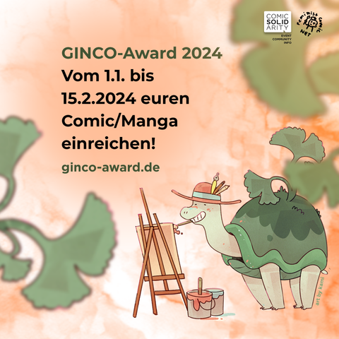 GINCO-Award 2024 - Vom 1.1. bis 15.2.2024 euren Comic/Manga einreichen! ginco-award.de
Schildkröte Artie (gezeichnet von Kami) steht zwischen Blättern und malt auf einer Leinwand. Grünes Blattwerk vor einem warmen Hintergrund in Peach Fuzz.