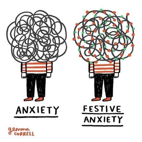 two figures wearing the same striped shirt and black pants with red shoes -- one's face is covered by a squiggle of black lines: Anxiety. the other's face is covered by a squiggle of black lines with red and green lights: festive anxiety.
Comic by Gemma Correll