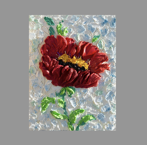 'Vibrant Red Poppy'!   This piece features a stunning poppy flower rendered with a palette knife technique, creating a textured and dimensional appearance. The bold colors and dynamic brushstrokes make for a visually captivating experience.