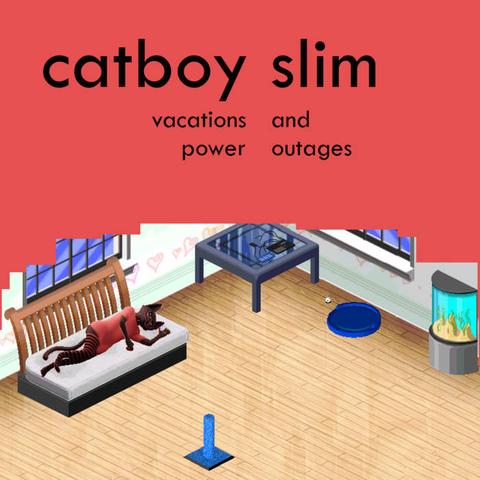an album cover that reads "catboy slim - vacations and power outages". it depicts an isometric pixel art room with a black anthro cat in a red shirt lying on a futon. there is also a table with a polyend tracker and a dreadbox nymphes, and a scratching post, cat bed, and aquarium.