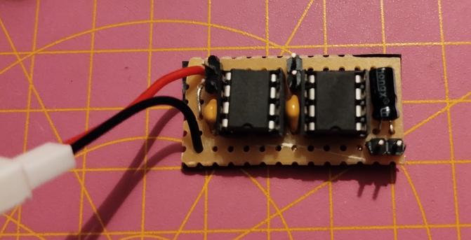 the finished circuit board for the Atari Punk Console. the two 555 timers, the capacitors and the connectors for the potentiometers can be seen