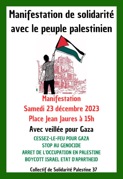 Visuel web du collectif appelant à la manif encadré d'un liseré vert avec sur fonds blanc Manifestation de solidarité avec le peuple palestinien samedi 23 décembre 15h Pl. J. Jaurès avec veillée pour Gaza.
