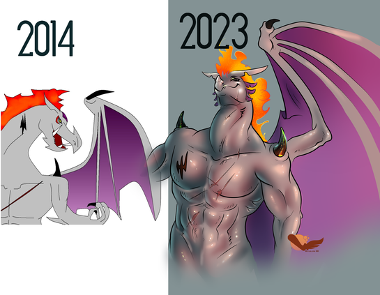 Improvement in art from 2014 to 2023

epic dragon with big muscles, grey scales and biggy wings. also mane in fire

very old OC of mine