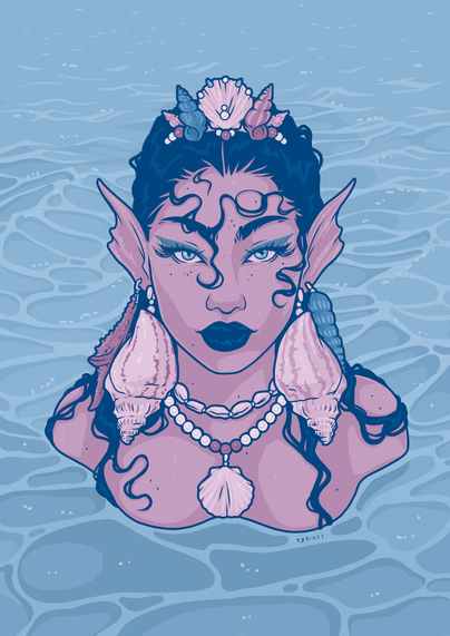 Portrait drawing of a mermaid with heavy jewelry made of seashells and pearls.