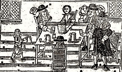 A 17th century woodcut of five people around a table, and a child serving them mugs of a beverage.