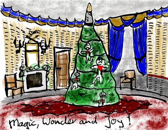 Ingekleurde Oost-Indische pentekening.
Te zien is de blauwe kamer in het Witte Huis in de VS. Een kerstboom met treurige poppetjes met de Palestijnse vlag om hangen in de boom. Rondom de boom een rode plas.