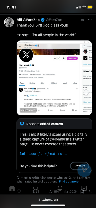 A screenshot of X (formerly Twitter) showing an ad for a scam. The ad contains a screenshot of supposed Elon Musk tweet linking to the scammers’ own website. Below the ad is a “community note” highlighting that the ad is likely a scam.