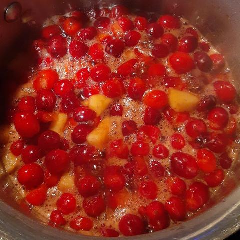 All the ingredients of cranberry sauce simmering in a pot. The water had just come to a boil and the cranberries and apples are starting to soften.