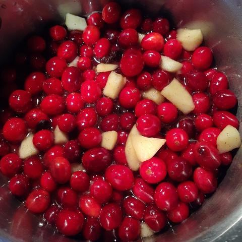 All the ingredients of cranberry sauce combined in a pot.