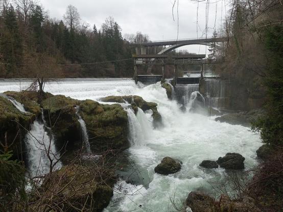 Fluss mit Wasserfall, dessen Kante diagonal zum Fluss verläuft. Teilweise natürliche Felsen, teilweise regulierte Verbauung, im Hintergrund eine hohe Straßenbrücke über den Oberlauf des Flusses. An den Bildrändern Wald mit winterlicher Vegetation