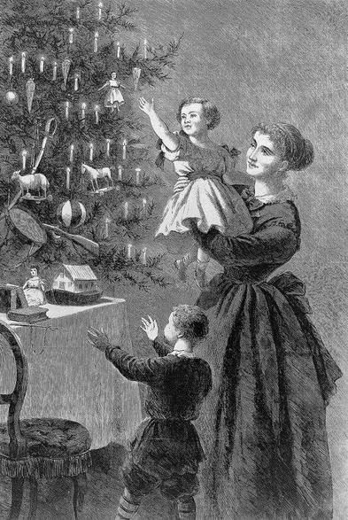 incisione di John Whetten Ehninger da Harper's Bazaar, 1 gennaio 1870, rappresentante una madre con due bbini davanti un albero di Natale.
