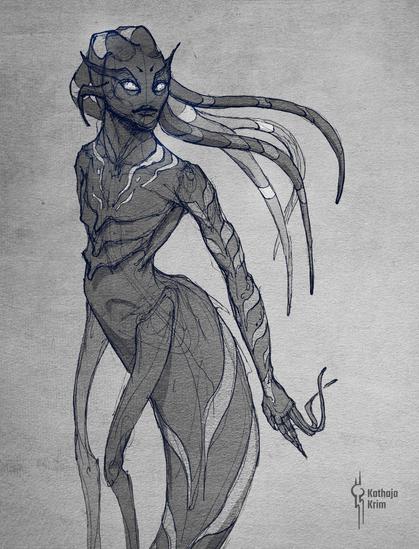 A drawing of an aquatic alien with long tentacles instead of hair. Their upper body is rather humanoid whilst their lower body resembles a snake. At their hips they have two extra limbs, one on each side, that reach down along with their snake tail.