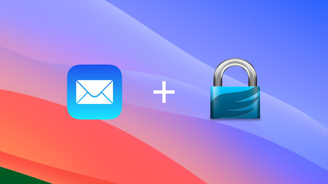 macOS Mail app Logo and GPG Suite Logo in front of Sonoma Wallpaper
