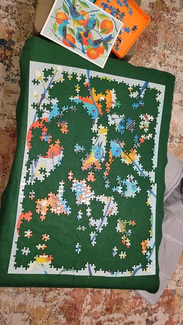 Photo of a partially completed jigsaw puzzle on a green felt background. Bright teal birds perched on branches holding oranges, bees, buds and blossoms.