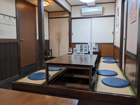 Sitting area with raised table and space underneath table to keep legs and feet.