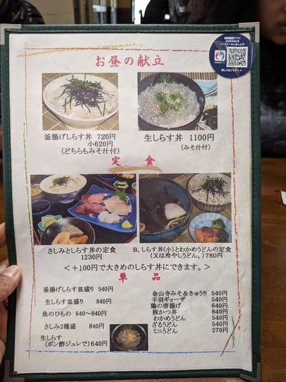 Menu in Japanese with pictures of lunch sets. The set at the bottom left has sashimi and also fried shirasudon