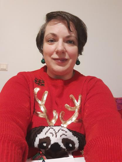 Selfie: meg i en rød genser der en hund med gevir i gullpaljetter er avbildet. Har på grønne julekuler som øredobber.