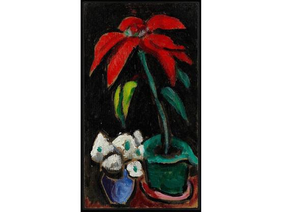 Peinture sur une toile verticale. 
Sur un fond noir, une nature morte florale. 
Dans un pot vert se dresse un poinsettia épanoui, ou « étoile de Noël », d’une belle couleur rouge vif. 
À sa gauche, dans un petit vase bleu, un bouquet d’hellébores, ou « roses de Noël ».