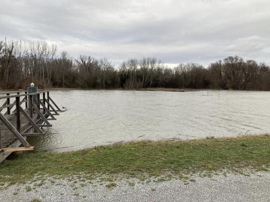 noch einmal das selbe Ufer. Dass hier eine Furt ist, sieht man nicht. Die ist komplett unter Wasser, Brückengeländer inklusive. Links im Bild ein hölzerner"Balkon", auf dem sich ein Messgerät für den Wasserstand befindet und der kaum noch über Wasserniveau ist.