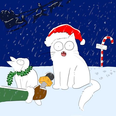 A cartoon of a white cat with a santa's hat, and a white kitten wrapped in tinsel, taliking into a Cat News microphone. Santa flies through the sky behind them.