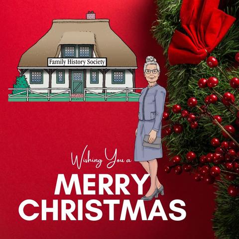 Aunt Edwina, Family History Society building and evergreen with red berries and a bow