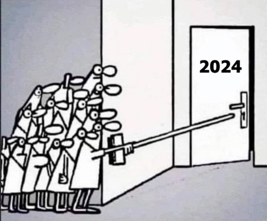 A cartoon showing a group of scientists in white coats cautiously pushing open a door marked "2024" with the end of a broom.