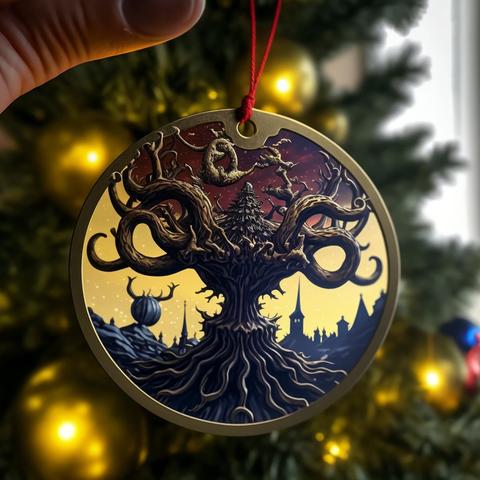 What can best be described as a Lovecraftian Christimas Ornament, where a central Tree in a old fashioned glass ornament with twisted, almost tenticlelike branches.  A red thread goes through a hole in the top of the ornament so that it can be hung on a Christmas Tree.