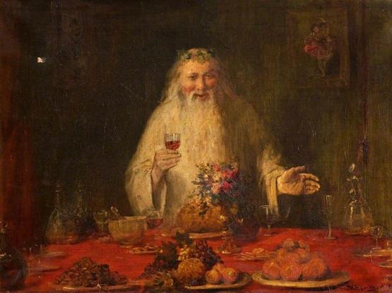 Father Christmas with a great white beard standing before food laden table raising a glass of red wine  to us all Victorian art