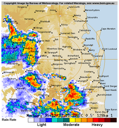 Biiig storm cell covering a rectangular area from Dalby to just east of Cambooya, headed east toward Brisbane.

There's also other storm cells harassing the Scenic Rim and Gold Coast.