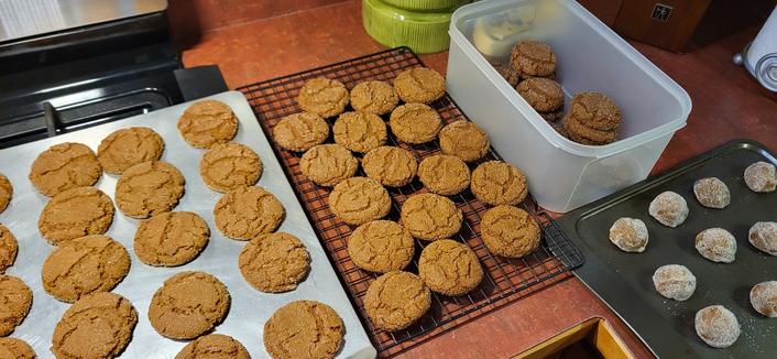 Molasses cookies. From left to right: fresh out of the oven, still on the cookie sheet; cooling off on a wire rack; stacked in a plastic container; and another batch ready to go into the oven.